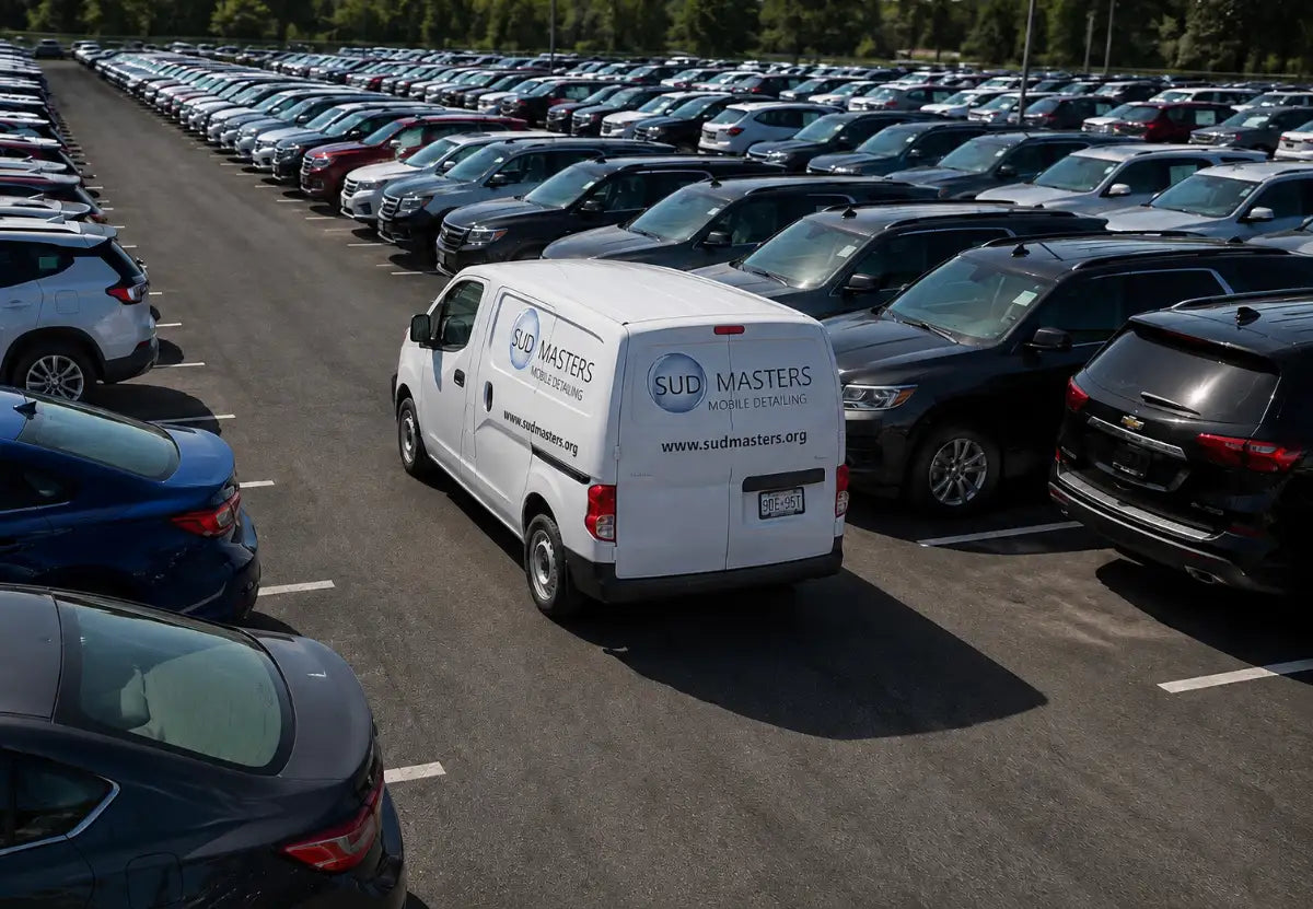 Sud Masters mobile detailing van driving through a dealership lot for on-site inventory detailing